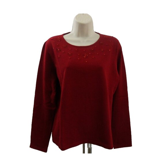 Jones New York Country Sweater Womens Size Large Red Beaded Silk Wool Blend - Picture 1 of 6